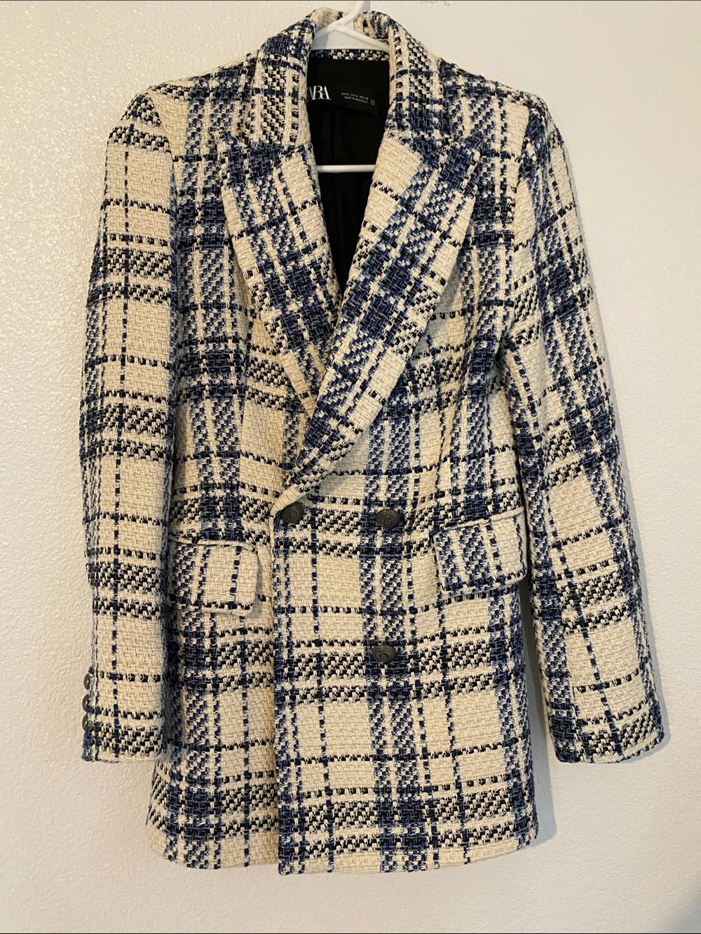 Zara Double-Breasted Plaid Pea Coat in Cream & Navy